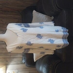 Women Silky Blue and White Midi Lined Tunic Dress with Split Bell Sleeves Size M